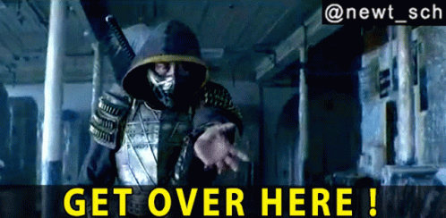 A Picture Of A Man With A Mask And The Words Get Over Here GIF