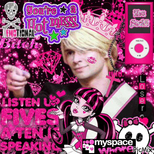A Picture Of A Man With A Monster High Girl And The Words " You 'Re A Hot Mess " On The Top GIF