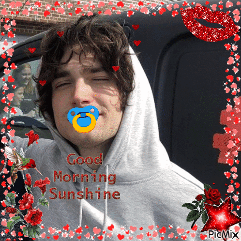 A Picture Of A Man With A Pacifier In His Mouth And The Words Good Morning Sunshine On The Bottom GIF