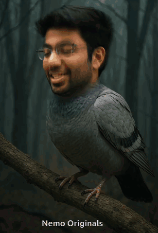 A Picture Of A Man With A Pigeon 'S Head And The Words Nemo Originals On The Bottom GIF