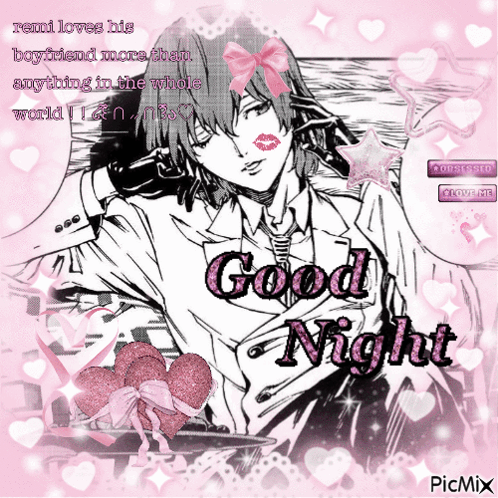 A Picture Of A Man With A Pink Bow And The Words Good Night On It GIF