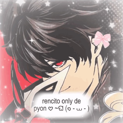 A Picture Of A Man With A Pink Bow On His Ear And The Words " Rencito Only De Pyon " GIF