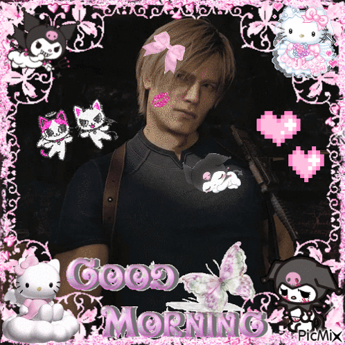 a picture of a man with a pink bow on his head and the words good morning