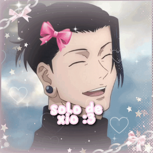 A Picture Of A Man With A Pink Bow On His Head And The Words Solo De Xio GIF