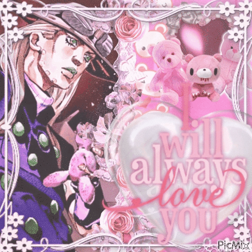 A Picture Of A Man With A Pink Heart That Says ' Will Always Love You ' GIF