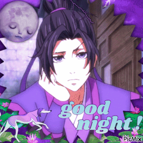 A Picture Of A Man With A Ponytail And The Words Good Night On It GIF