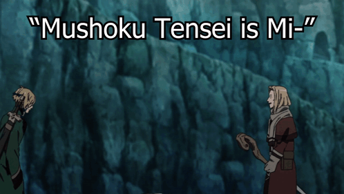 a picture of a man with a scarf around his neck and the words " mushoku tensei is mi "
