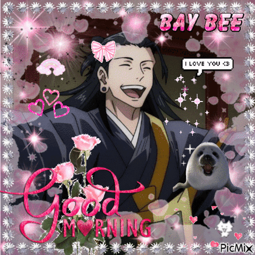 A Picture Of A Man With A Seal And The Words Good Morning GIF