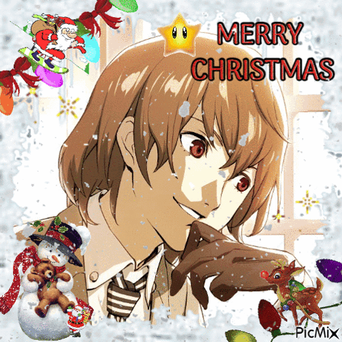 A Picture Of A Man With A Star On His Head And The Words Merry Christmas On The Bottom GIF