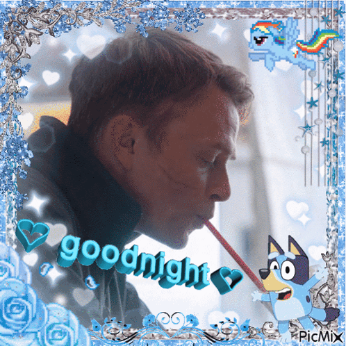 A Picture Of A Man With A Straw In His Mouth With The Words Goodnight Written On It GIF