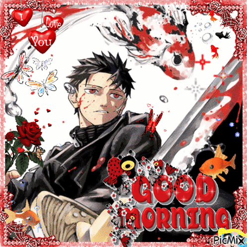 A Picture Of A Man With A Sword And The Words Good Morning On The Bottom GIF