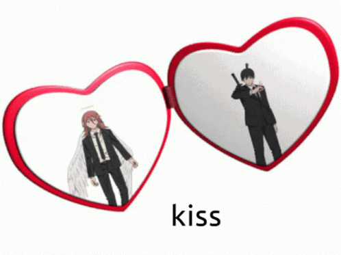 A Picture Of A Man With A Sword In A Heart Shaped Mirror With The Word Kiss Below It GIF