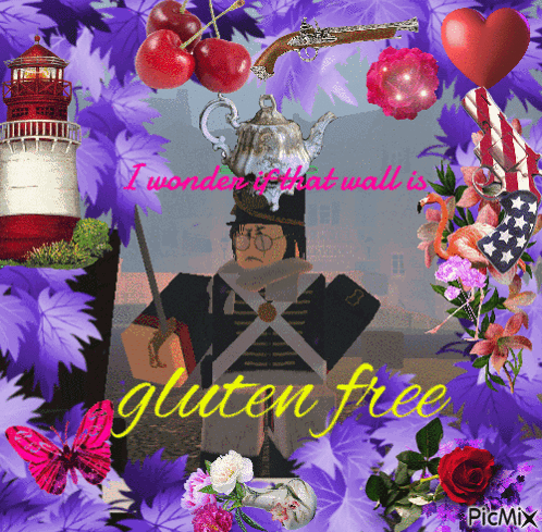 a picture of a man with a teapot on his head and the words gluten free on the bottom