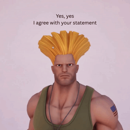 A Picture Of A Man With A Yellow Wig And The Words " Yes Yes I Agree With Your Statement " GIF