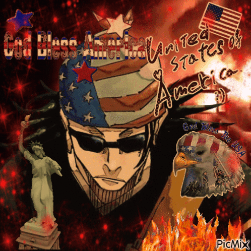 A Picture Of A Man With An American Flag On His Head With The Words God Bless America United States Of America GIF