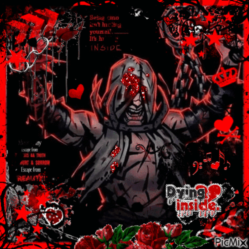 A Picture Of A Man With Blood Coming Out Of His Eyes With The Words Dying Inside On The Bottom GIF