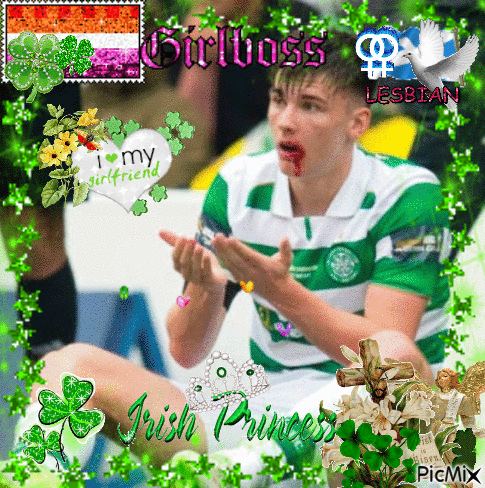 A Picture Of A Man With Blood On His Face With The Words Girlboss Lesbian Irish Princess On The Bottom GIF