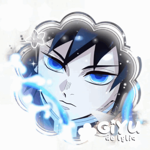 A Picture Of A Man With Blue Eyes And The Name Giyu GIF