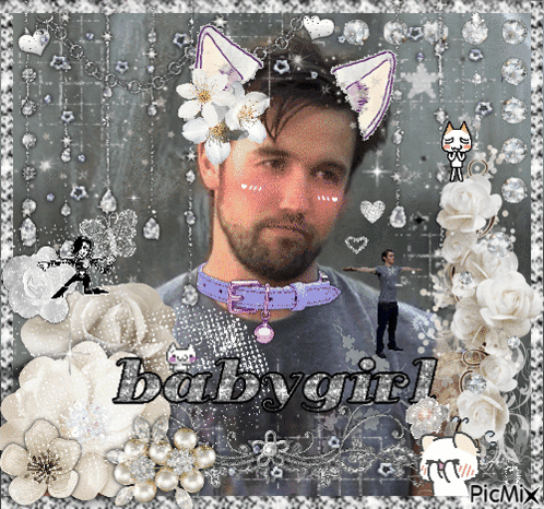 A Picture Of A Man With Cat Ears And The Word Babygirl On The Bottom GIF