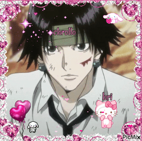 A Picture Of A Man With Chrollo Written On His Headband GIF