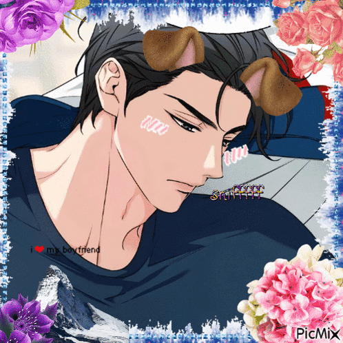 A Picture Of A Man With Dog Ears And The Words I Love My Boyfriend In The Corner GIF