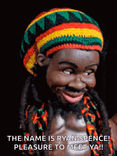 A Picture Of A Man With Dreadlocks And A Hat That Says " The Name Is Ryan Spence Pleasure To Meet Ya " GIF