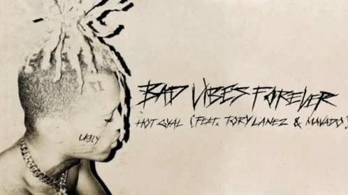 A Picture Of A Man With Dreadlocks And The Words Bad Vibes Forever On The Bottom GIF