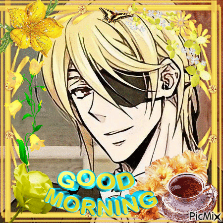 A Picture Of A Man With Flowers And A Cup Of Coffee With The Words Good Morning GIF