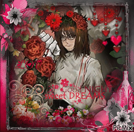 A Picture Of A Man With Flowers In His Hair And The Words Good Night Sweet Dreams GIF
