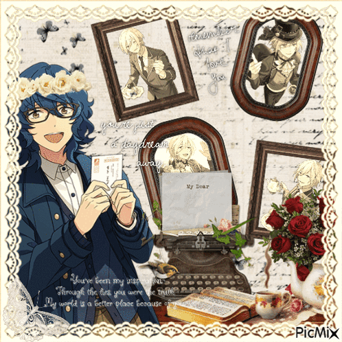 A Picture Of A Man With Glasses And A Flower Crown Holding A Card That Says " My Dear " GIF