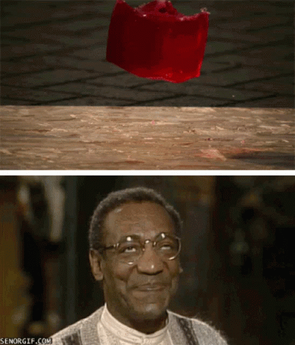 A Picture Of A Man With Glasses And A Picture Of A Piece Of Red Jelly GIF