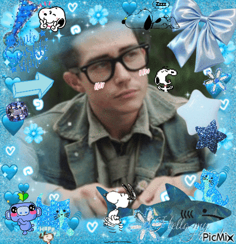 A Picture Of A Man With Glasses And Snoopy Surrounded By Blue Hearts GIF
