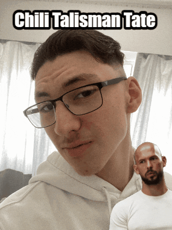 A Picture Of A Man With Glasses And The Name Chili Talisman Tate On It GIF