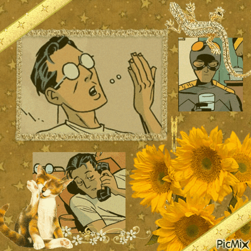 a picture of a man with glasses is surrounded by flowers and a cat