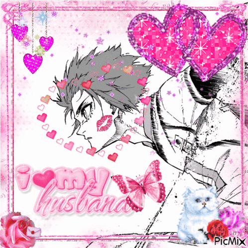A Picture Of A Man With Hearts Around His Neck And The Words I Love My Husband GIF