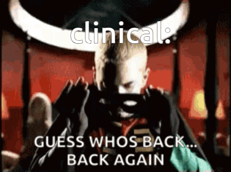 A Picture Of A Man With Horns And The Words " Clinical Guess Whos Back ... Back Again " GIF