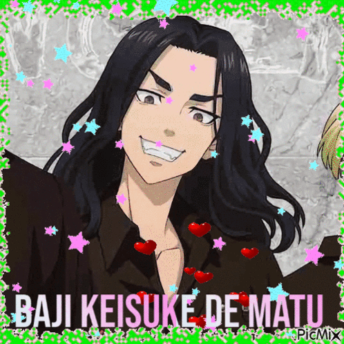 A Picture Of A Man With Long Black Hair And The Name Baju Keisuke De Matu GIF