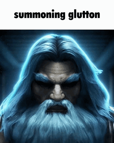 A Picture Of A Man With Long Blue Hair And A Beard With The Words Summoning Glutton Above Him GIF