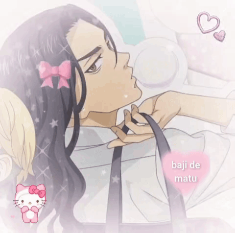 A Picture Of A Man With Long Hair And A Hello Kitty On It GIF