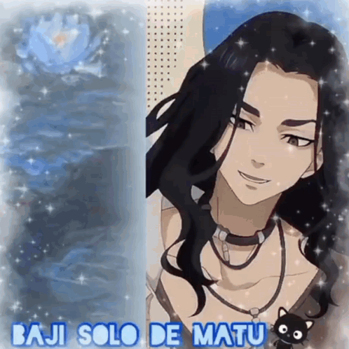 A Picture Of A Man With Long Hair And The Words Baju Solo De Matu Below Him GIF