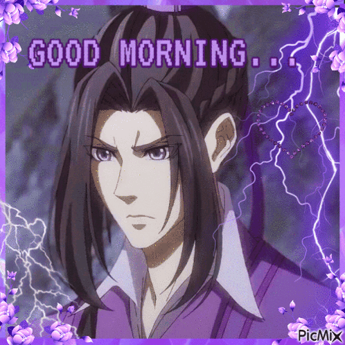 A Picture Of A Man With Long Hair And The Words Good Morning On It GIF