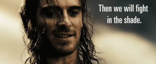 A Picture Of A Man With Long Hair And The Words Then We Will Fight In The Shade GIF