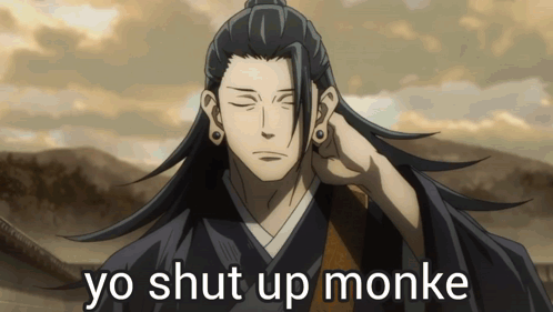 A Picture Of A Man With Long Hair And The Words Yo Shut Up Monke Below Him GIF