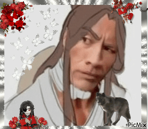 A Picture Of A Man With Long Hair Is Surrounded By Red Roses And A Black Cat GIF