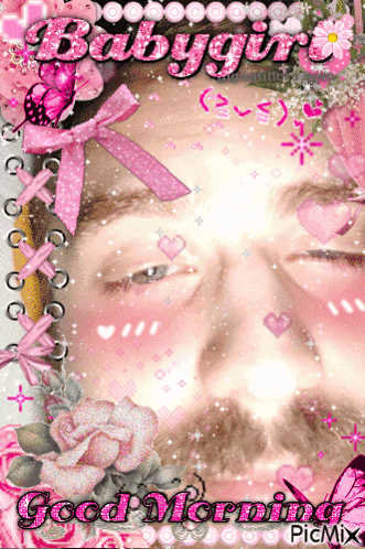 A Picture Of A Man With Pink Flowers And The Words Babygirl Written On It GIF