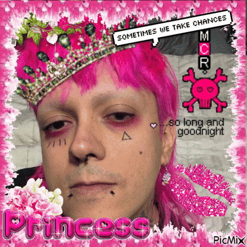 a picture of a man with pink hair and a crown that says princess on the bottom