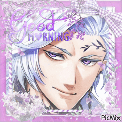 A Picture Of A Man With Purple Eyes And The Words Good Morning Written On It GIF