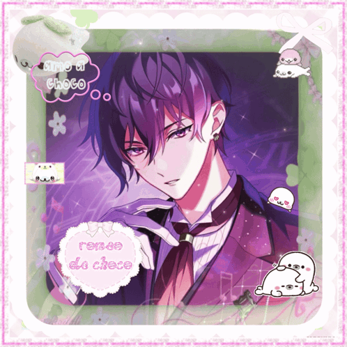 a picture of a man with purple hair and a speech bubble that says " aime a choco "