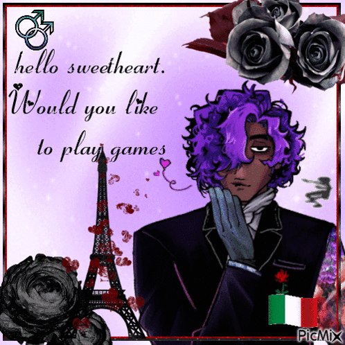 A Picture Of A Man With Purple Hair And The Words Hello Sweetheart Would You Like To Play Games On The Bottom GIF