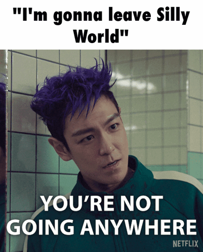 A Picture Of A Man With Purple Hair And The Words " I 'M Gonna Leave Silly World " GIF